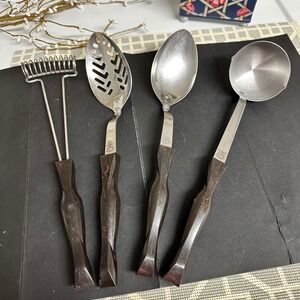 Cutco Vintage Kitchen Cooking Utensils 4 Piece Set  Brown Handle Stainless Steel